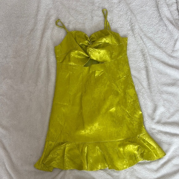 Put Me In a Trance Lime Green Satin Jacquard Cutout Mini Dress - Picture 2 of 13